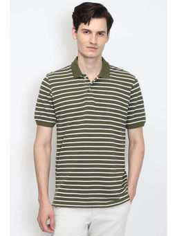 Peter England - Men Olive Stripes Polo Neck T-Shirt