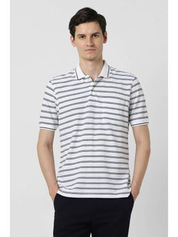 Peter England - Men White Stripes Polo Neck T-Shirt