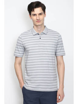 Peter England - Men Grey Stripes Polo Neck T-Shirt