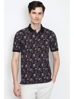 Peter England - Men Purple and Black Print Polo Neck T-Shirt