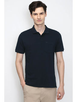 Peter England - Men Navy Blue Textured Polo Neck T-Shirt