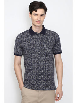 Peter England - Men Navy Blue Print Polo Neck T-Shirt