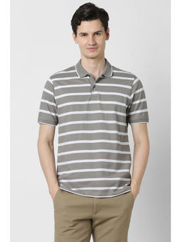 Peter England - Men Grey Stripes Polo Neck T-Shirt
