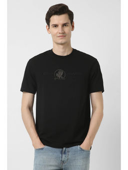 Peter England - Men Black Embroidered Round Crew Neck T-Shirt
