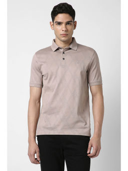 Van Heusen - Men Beige Textured Polo Neck T-Shirt
