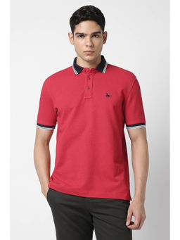 Van Heusen - Men Red Textured Polo Neck T-Shirt