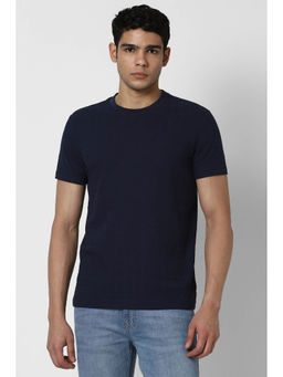 Van Heusen - Men Navy Blue Self Design Crew Neck T-Shirt