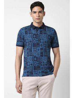 Van Heusen - Men Navy Blue Print Polo Neck T-Shirt