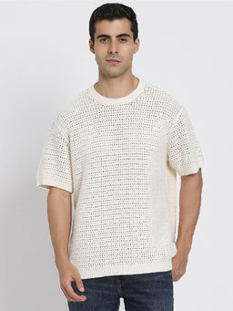 American Eagle - Men Cream Open Knit Sweater Style T-Shirt