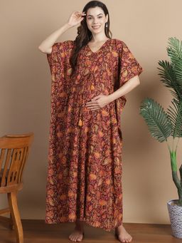 Secret Wish - Brown Floral Cotton Maternity Kaftan
