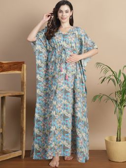 Secret Wish - Sky Blue Floral Cotton Maternity Kaftan