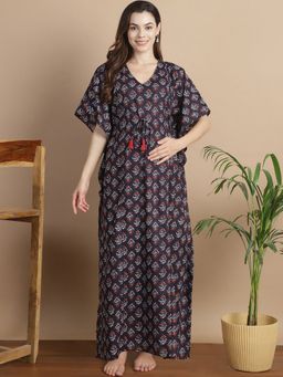 Secret Wish - Navy Blue Floral Cotton Maternity Kaftan