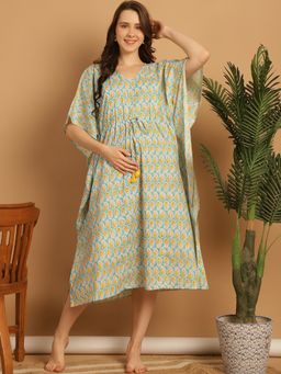 Secret Wish - Sky Blue Printed Cotton Maternity Kaftan Nighty