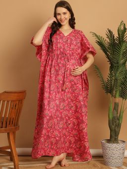 Secret Wish - Pink Floral Print Cotton Maternity Kaftan Nighty