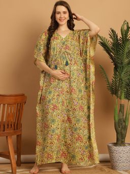 Secret Wish - Yellow Floral Print Cotton Maternity Kaftan Nighty