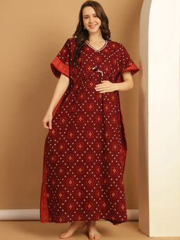 Secret Wish - Maroon Geometric Print Cotton Maternity Kaftan Nighty