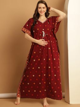 Secret Wish - Maroon Floral Print Cotton Maternity Kaftan Nighty