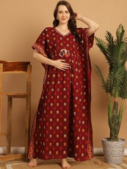 Secret Wish - Maroon Floral Print Cotton Maternity Kaftan Nighty