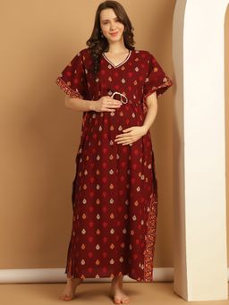 Secret Wish - Maroon Printed Cotton Maternity Kaftan Nighty