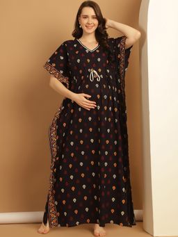 Secret Wish - Navy Blue Printed Cotton Maternity Kaftan Nighty