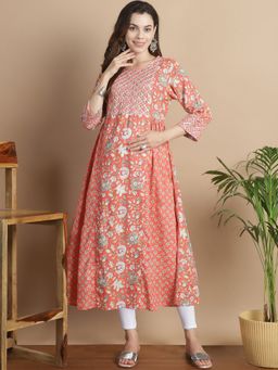 Secret Wish - Peach Floral Cotton Maternity Kurta