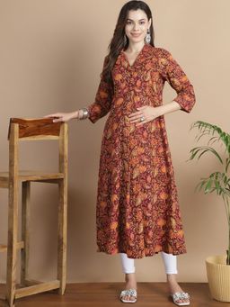 Secret Wish - Brown Floral Cotton Maternity Kurta