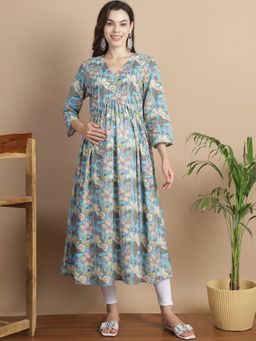 Secret Wish - Sky Blue Floral Cotton Maternity Kurta