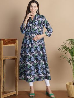 Secret Wish - Navy Blue Floral Cotton Maternity Kurta