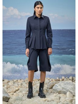 Genes Lecoanet Hemant - Navy Premium Poly Wool Pleated Relaxed Shirt