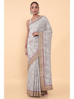 Soch - Women Grey Silk Embroidered Saree with Unstitched Blouse