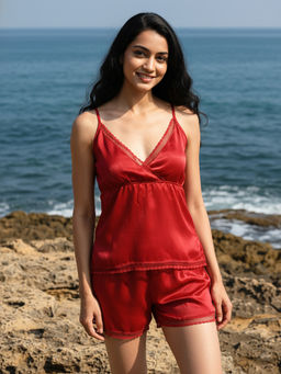 AOBA - Women Red Solid Satin Night suit