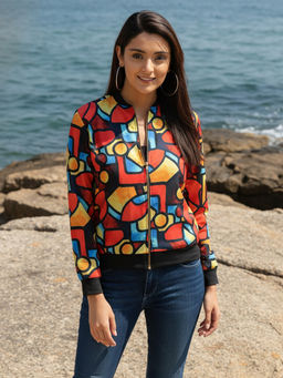 AOBA - Women Orange & Blue Picasso Print Bomber Jacket