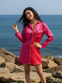 AOBA - Women Magenta & Red Satin Finish Colourblocked Sleep Shirt