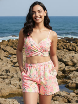 AOBA - Womens Pink Floral Printed Beachwear (Set of 2)