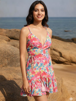 AOBA - Women Pink Polka Printed Relaxed Fit Swimwear Cover Up Dress