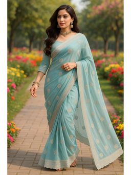 VAIRAGEE - Organza Floral Embroidery Aqua Saree With Unstitched Blouse