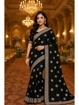 VAIRAGEE - Organza Floral Embroidery Black Saree With Unstitched Blouse