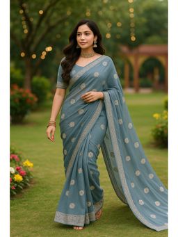 VAIRAGEE - Organza Floral Embroidery Grey Saree With Unstitched Blouse