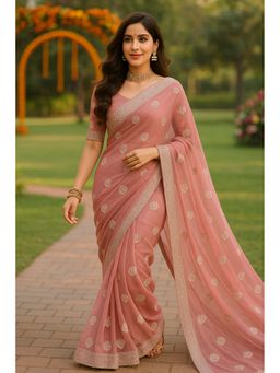 VAIRAGEE - Organza Floral Embroidery Pink Saree With Unstitched Blouse