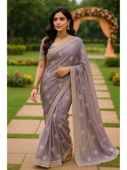 VAIRAGEE - Organza Floral Embroidery Purple Saree With Unstitched Blouse
