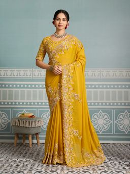 VAIRAGEE - Star Georgette Floral Embellished Mustard Saree With Unstitched Blouse