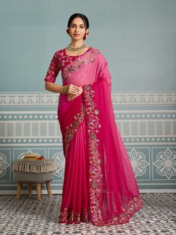 VAIRAGEE - Star Georgette Padding Floral Embellished Pink Saree With Unstitched Blouse