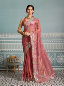 VAIRAGEE - Fredy Net Floral Embellished Peach Saree With Unstitched Blouse