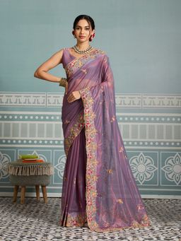 VAIRAGEE - Fredy Net Floral Embellished Purple Saree With Unstitched Blouse