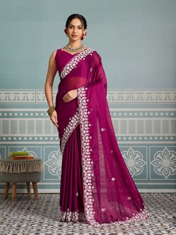 VAIRAGEE - Rangoli Silk Floral Embroidery Wine Saree With Unstitched Blouse
