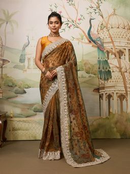 VAIRAGEE - Twill Net Floral Embroidery Gold Saree With Unstitched Blouse