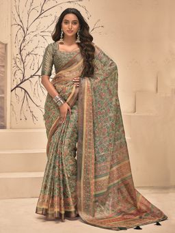MEENA BAZAAR - Floral Printed Art Silk Green Saree Without Blouse