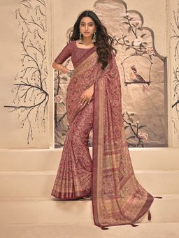 MEENA BAZAAR - Floral Printed Art Silk Pink Saree Without Blouse