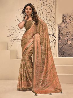 MEENA BAZAAR - Floral Printed Art Silk Peach Saree Without Blouse