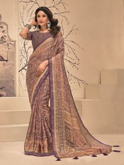 MEENA BAZAAR - Floral Printed Art Silk Wine Saree Without Blouse